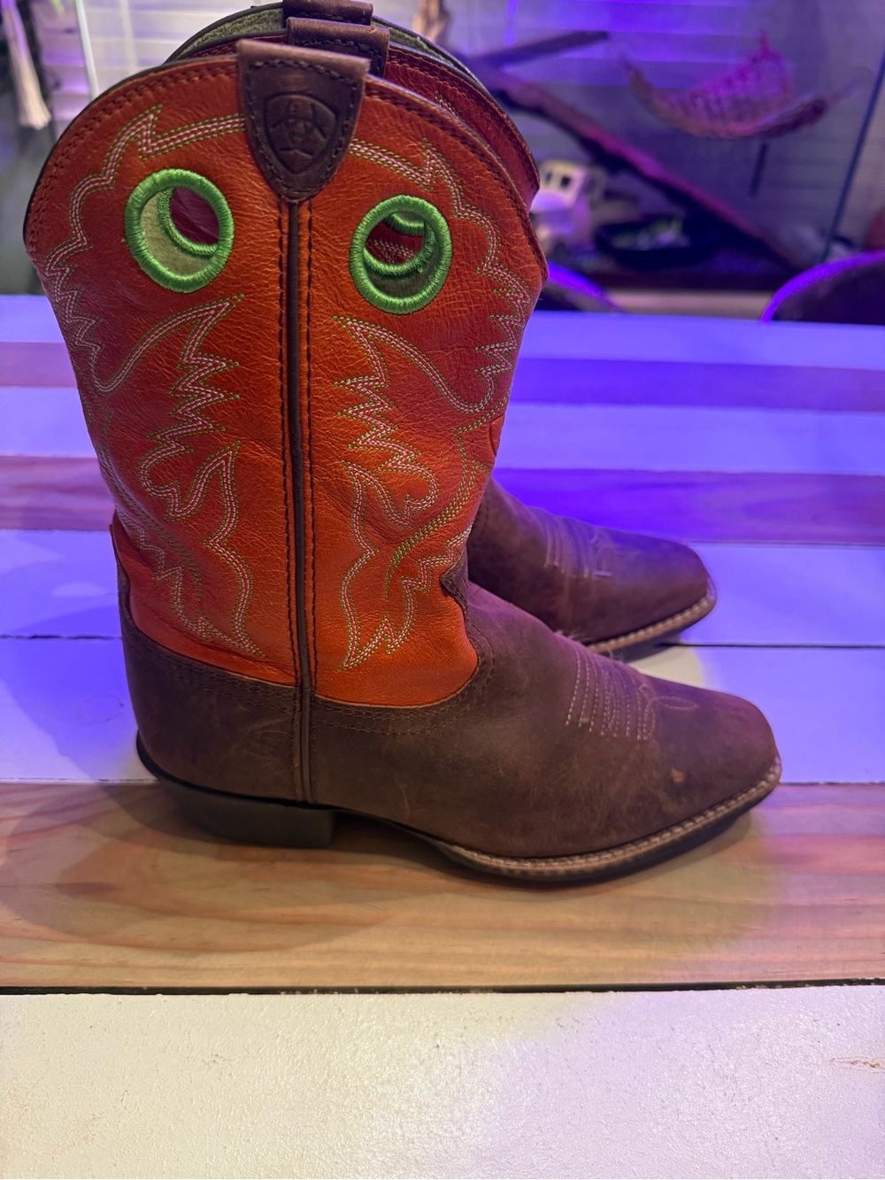 Ariat Kids Orange and Brown Pull-On Western Boots with Lime Accents